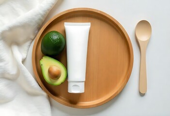 A white unlabeled cosmetic tube and fresh avocado are placed on a round wooden plate, a white towel and wooden spoon are placed next to it. Minimalist concept for cosmetics advertising.