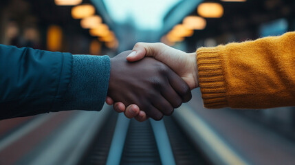A close-up of hands shaking during a heartfelt goodbye at a train station