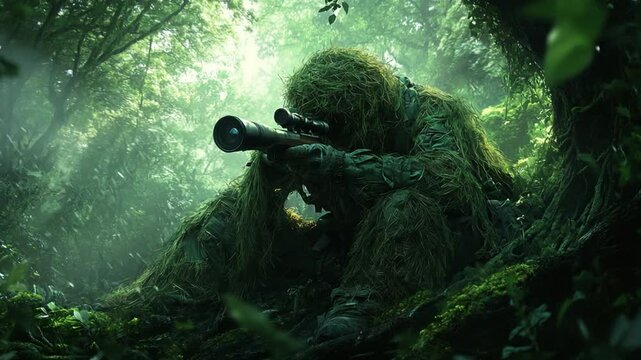 Camouflaged Sniper Hidden in Lush Greenery Awaiting Target Observation During Military Operation
