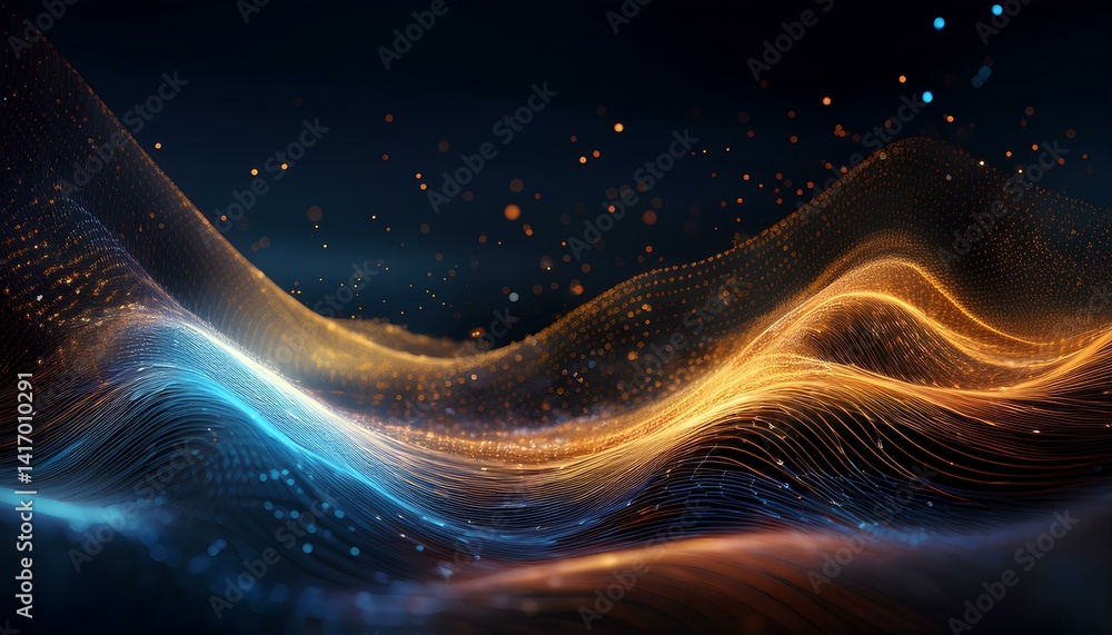 Poster energy abstraction of fractal realms. visualization of wave particle. virtual fractal realms. abstract background with space wave pattern with glowing particles.