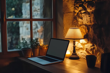 Cozy Corner Workspace: A laptop sits on a rustic wooden desk by a window, next to a glowing lamp, inviting creativity and quiet contemplation.