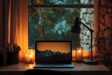Cozy Workspace by the Window: A warm and inviting workspace illuminated by the gentle glow of a lamp and candles, with a laptop displaying a picturesque landscape view through a window.