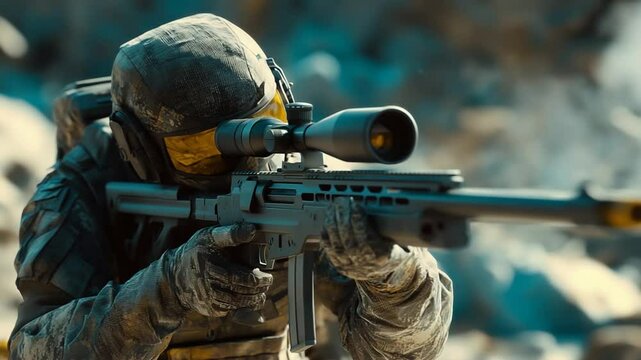 Elite sniper focuses through scope, preparing for precision strike in rugged terrain