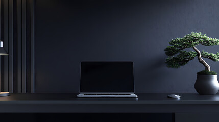 Minimalist Workspace: A sleek, modern workspace featuring a laptop, bonsai tree, and minimalistic design elements, perfect for a focused and productive work environment. 