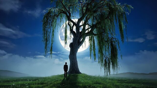 Solitary man stands beneath a weeping willow tree against a large full moon on a dreamy, grassy hill at twilight.