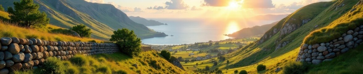 Fototapeta premium Sun-drenched valleys, stone walls, distant ocean, summer, beautiful, hills