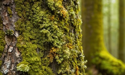 Mossy bark texture in temperate rainforest, showcasing biodiversity details