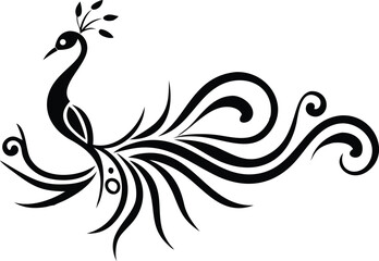 Obraz premium Black-and-white vector graphic of a stylized peacock