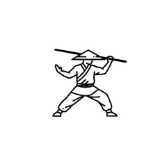 Martial artist performing with a bamboo staff in a minimalist style  