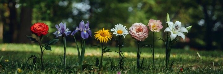Obraz premium Photograph of flowers forming a straight line, transitioning from wild to structured
