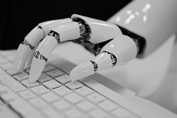 Robotic hand typing on keyboard in a technological setting