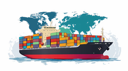 Global Trade Voyage: A detailed illustration depicts a container ship, laden with cargo, navigating the world's oceans.