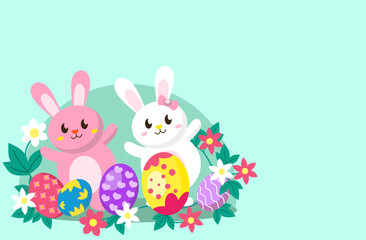 A cheerful illustration featuring two cute Easter bunnies surrounded by colorful decorated eggs and spring flowers. Perfect for Easter-themed designs, greeting cards, and children's projects.