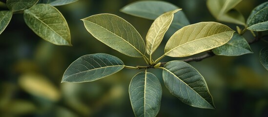Green leaves branch, garden, blurred background, nature