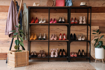Interior of room with coat rack and female shoes on shelves