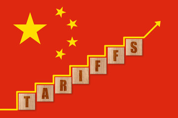 China flag with word TARIFFS. Trade, duty, customs and tariffs war