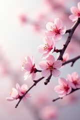 Naklejka premium Delicate plum branch, pink blossoms, white floral backdrop, background, detail