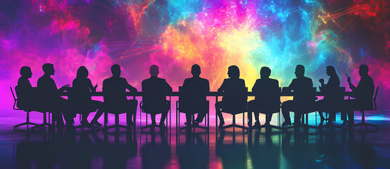 Boardroom Silhouette: A powerful image of a business boardroom meeting silhouetted against a vivid and dynamic backdrop, the scene exudes a sense of collaboration, strategy, and innovation.