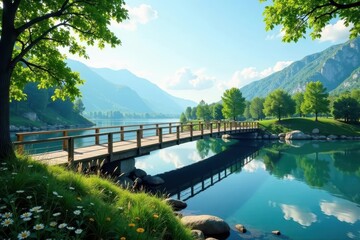 Fototapeta premium Modern footbridge spans tranquil lake, fishing equipment nearby, stock, horizon, steel