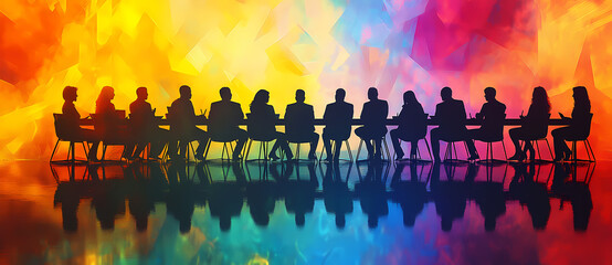Corporate Assembly: A dynamic business meeting featuring anonymous silhouettes, bathed in the vibrant hues of collaboration, symbolizing unity, strategy, and decision-making.
