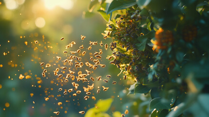 A swarm of bees forming a bridge between flowers, bathed in golden light. Nature's delicate harmony in motion.