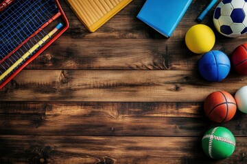 Colorful collection of various sports balls and equipment on a wooden table
