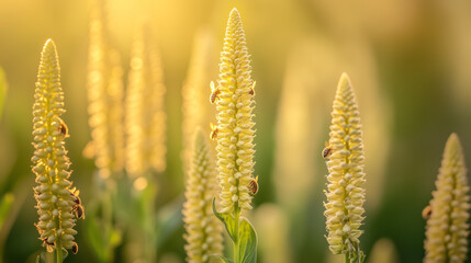 A swarm of bees forming a bridge between flowers, bathed in golden light. Nature's delicate harmony in motion.