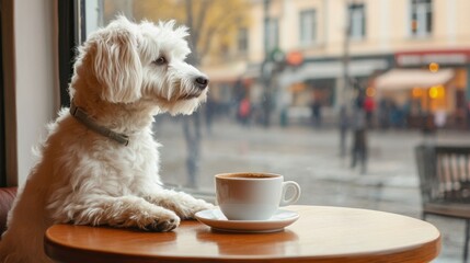 A fluffy white dog sitting in a cafe next to a cup of coffee, looking out the window at the street