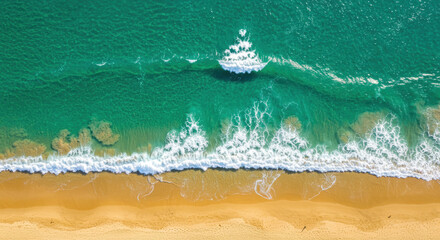 Aerial view revealing turquoise waves breaking over golden shoreline.