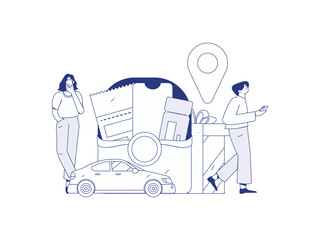 Flat vector concept operation hand drawn illustration of people taking a taxi
