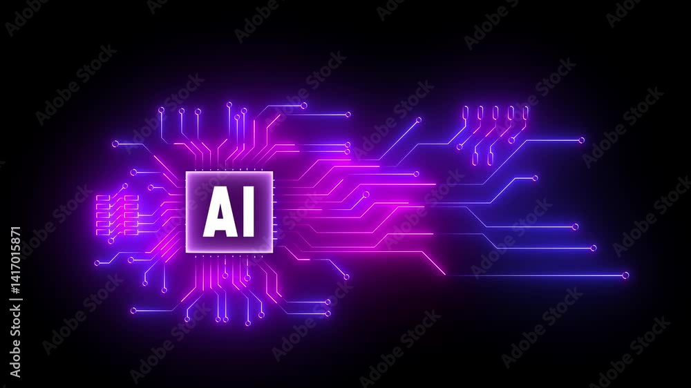 Wall mural neon ai circuit board technology background animation. artificial intelligence chip with glowing cir