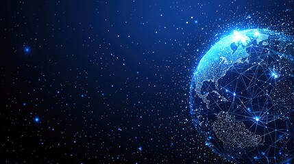 Obraz premium Futuristic global network connecting the earth. Abstract graphic design of a detailed planet earth with interconnected lines, dots, and glowing particles in a dark cosmic background.