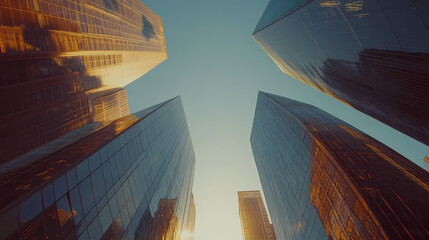 Skyward Gaze: Skyscrapers reach for the heavens, their sleek glass facades reflecting the clear blue sky, creating a dynamic composition of urban architecture.