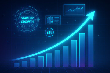 A digital graphic representing startup growth, showcasing increasing bar graphs and data charts indicating success and progress in a modern, tech-driven environment.