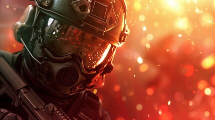 Futuristic soldier with tactical mask in bright bokeh light banner image. Cyber-military photo-realistic background blurred. FPS videogame. First person shooter concept copy space