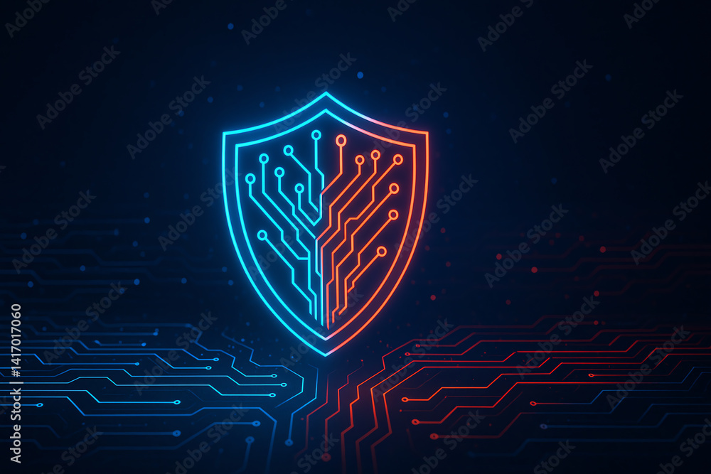 Poster a modern digital shield symbolizing cybersecurity, featuring a circuit pattern in blue and red on a 