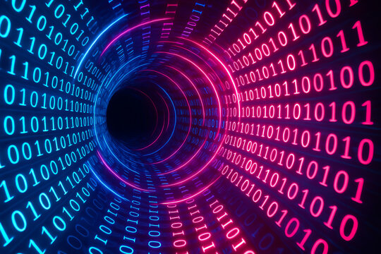 A digital tunnel filled with vibrant binary code, showcasing the concept of data transmission and technology in a mesmerizing visual representation of ones and zeros.
