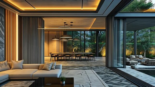 Modern luxury home with open layout, warm lighting, and outdoor access