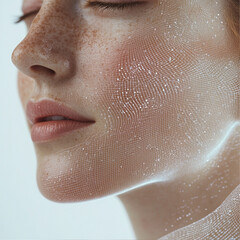 Fototapeta premium Minimalist beauty and dermatology concept featuring a woman's profile with pure white molecular net.