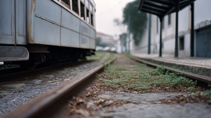 Obraz premium A vintage tram car sits quietly on a track, with nature reclaiming the space, telling a story of time's passage and serenity.