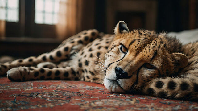Cheetah Resting Indoors: A Close-up Portrait of Wildlife Grace in Cozy Domestic Habitat