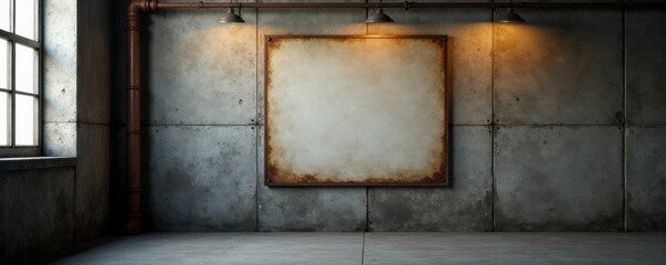 Concrete wall with rusty pipes and grunge-style poster mockup, dimly lit space , rusty, industrial