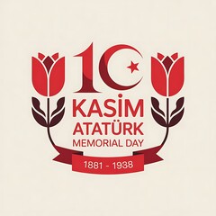 Turkish Atat&uuml;rk Memorial Day elegant emblem featuring twin red tulips and 10 Kasım date with crescent moon, national remembrance symbol, Turkey's founder commemoration design, 1881-1938 tribute