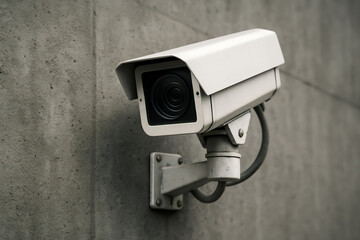 Modern surveillance camera mounted on a concrete wall, symbolizing security and monitoring in urban environments. Ideal for illustrating safety measures and technology usage.