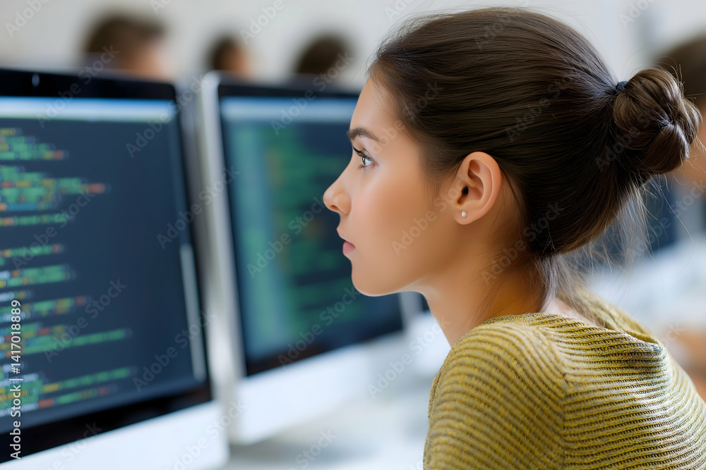 Aufkleber a focused young woman is programming on a computer, surrounded by multiple monitors displaying code,