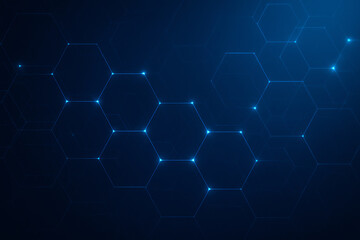 Abstract digital background featuring hexagonal patterns with glowing dots. Ideal for tech-related projects, data visualization, and innovation themes in design and marketing.