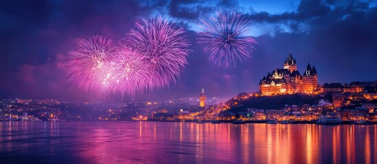 Naklejka premium Fireworks over castle, city, river at night
