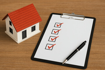 A desktop scene featuring a checklist and a miniature house, symbolizing home inspections and property assessments. Ideal for real estate and business industries.