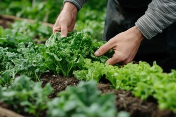 Gardener harvesting lush green lettuce and kale in vegetable garden