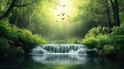 Fototapeta premium A waterfall illustrator nature serene landscape background with a winding path through lush green hills, dotted with wildflowers, under a dramatic sky, capturing nature's beauty and inviting adventure